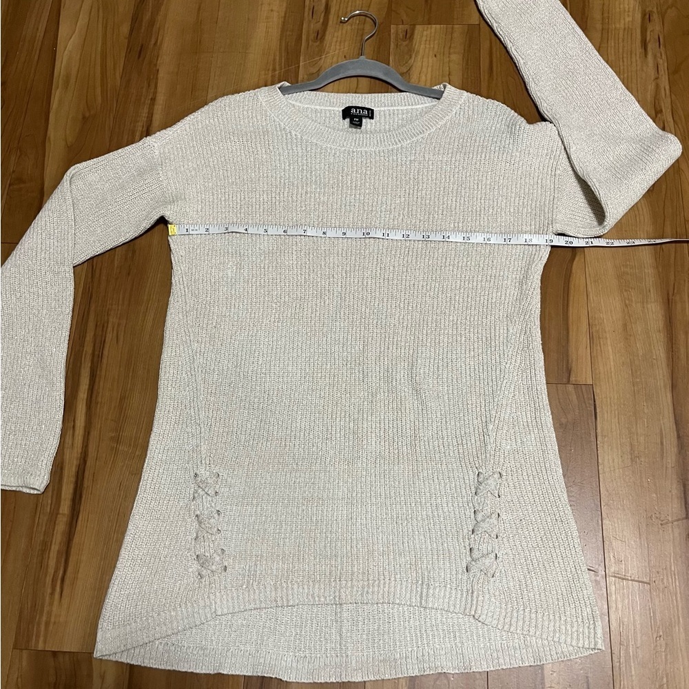 ANA Ivory Beige Gold Metallic Thread Lace-Up Knit Sweater PM Cozy Chic - Picture 6 of 8